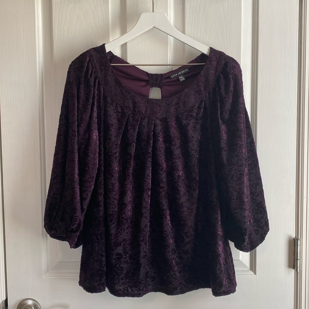 Sara Michelle Plum Colored Burnt Velvet ¾ Sleeve Top Size XLP